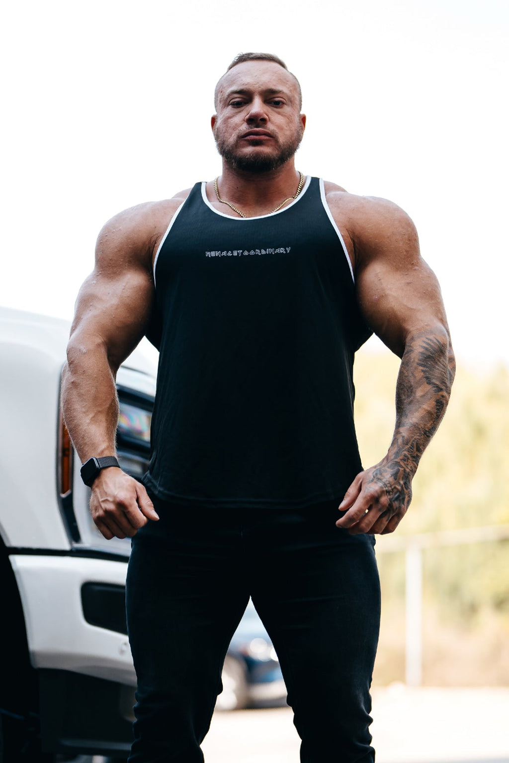 Jed North Men's Fast-Dry Bodybuilding Workout Stringer - Black w/ White Trim