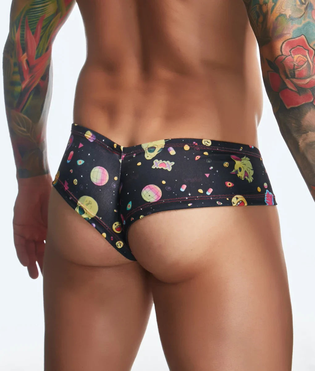 Black men’s underwear by justin + simon with vibrant space-themed pattern featuring colorful planets and cartoon stars