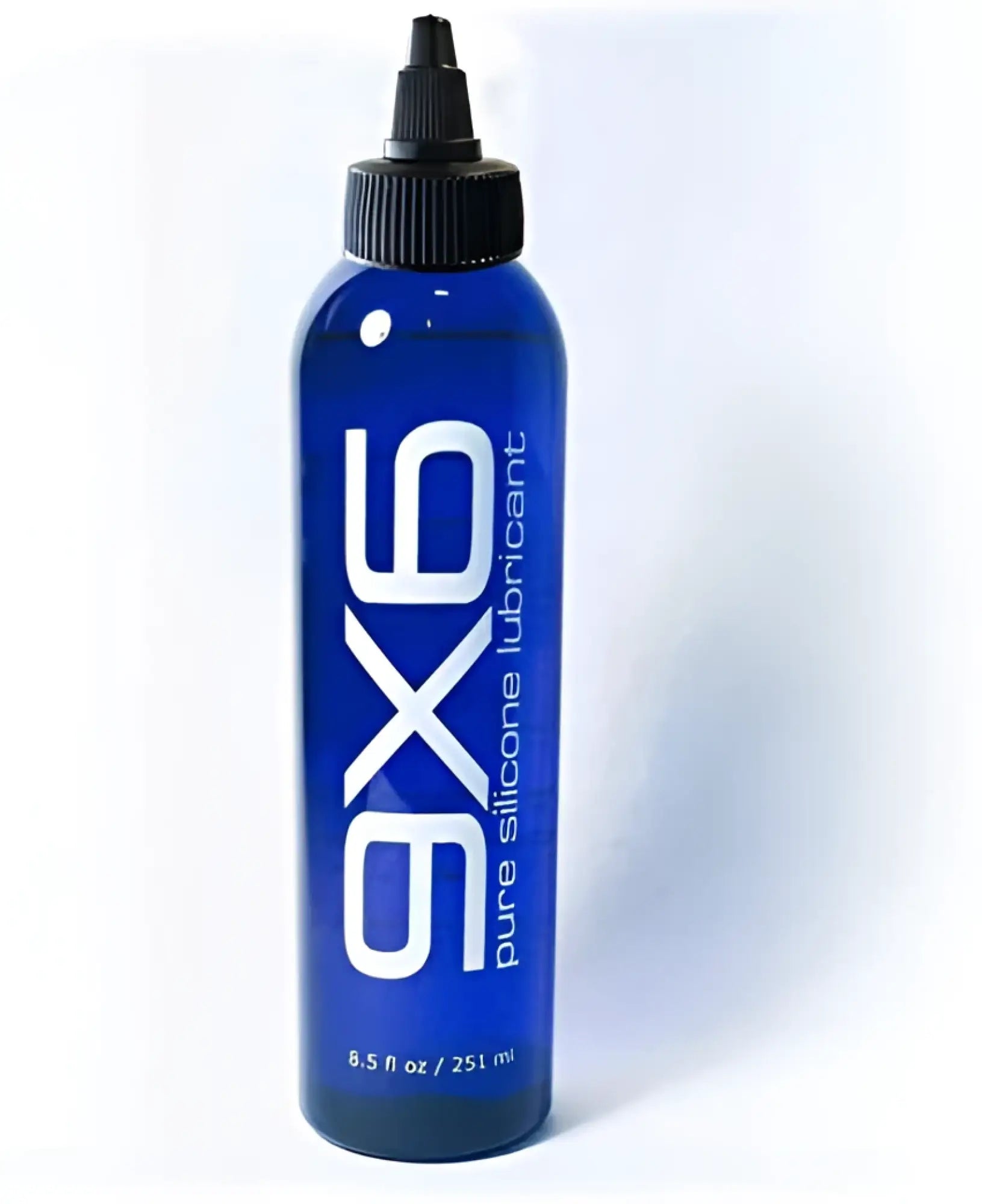 Blue glass bottle of 9x6 lube pure silicone lubricant with black cap and 8.5 fl oz 251 ml capacity label