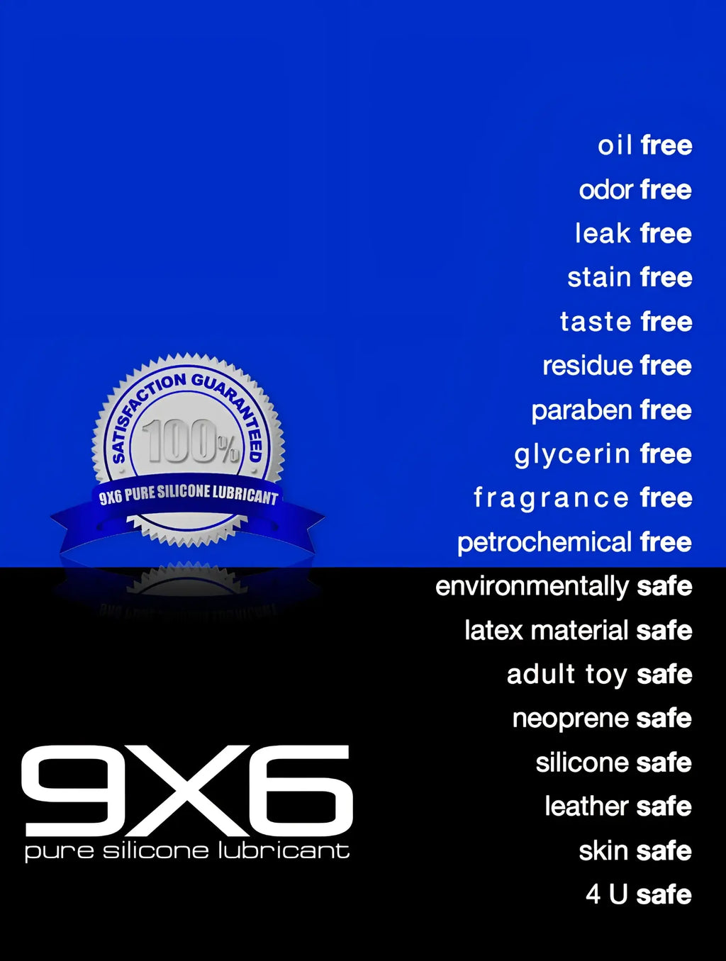 9x6 lube pure silicone lubricant in sleek minimalist design with bold white branding on blue and black background