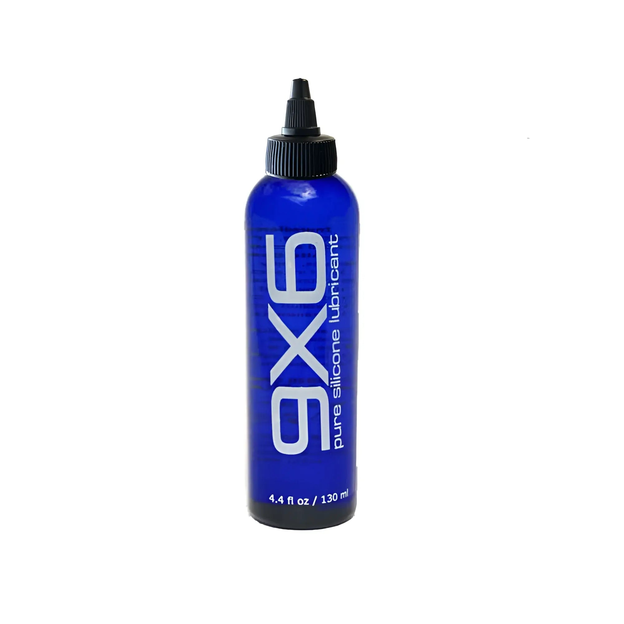 A sleek blue bottle of Axe pure silicone lubricant with black cap and white lettering in 9X6 LUBE packaging