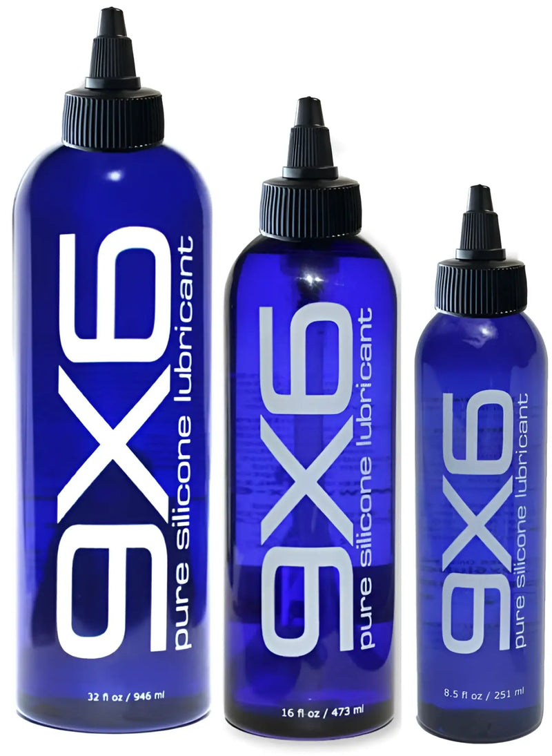 Three blue bottles of ax6 pure silicone lubricant with black caps and white labels in 9x6 lube product set