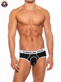 Black american jock briefs with white trim and subtle geometric pattern from A J Basics brief collection