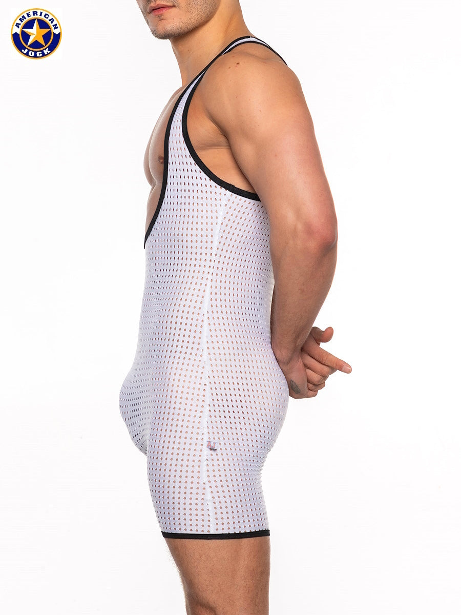 White mesh wrestling singlet with black trim and small aj basics logo on lower right side