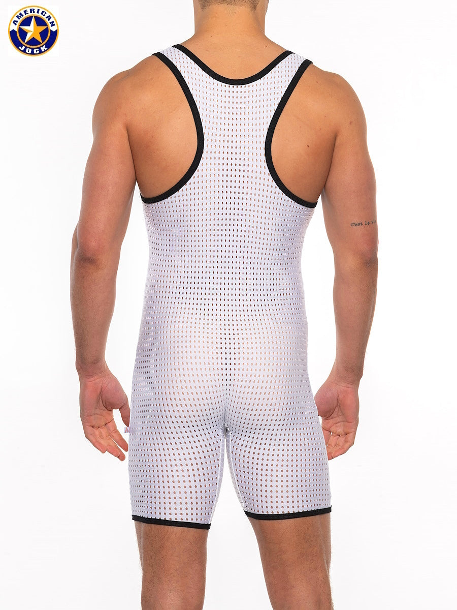 A white american jock wrestling singlet with black trim and mesh fabric design from a j basics scoop singlet