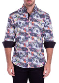 Abstract brushstroke long-sleeved men’s button-up shirt with vibrant gray white orange pink green geometric pattern and black cuffs