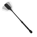 Strict Leather short black riding crop with a textured handle and motion-blurred flat tip against a white background.