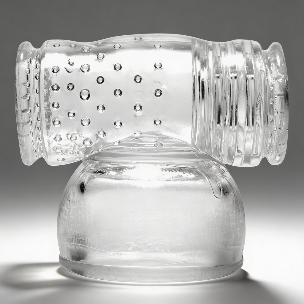 Wand Essentials clear, soft silicone massager sleeve with textured ridges and dots, shown on a rounded base.