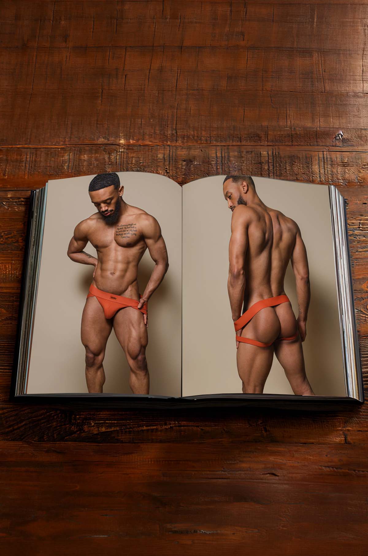 Open book photobook adonis x a decade in images showing a muscular man in orange briefs on both pages