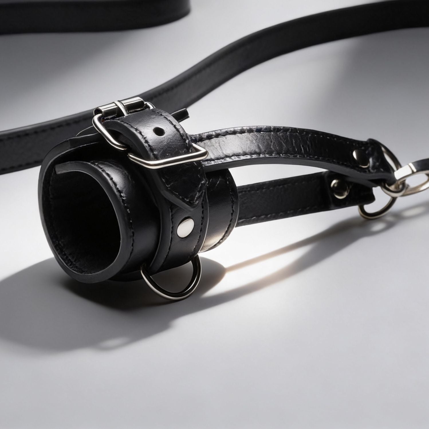 Strict Ball Stretcher with Leash: black leather tube with adjustable buckle, silver hardware, and attached leash.