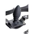 Strict Male Cock Ring Harness featuring a matte black silicone anal plug attached to textured black leather straps.