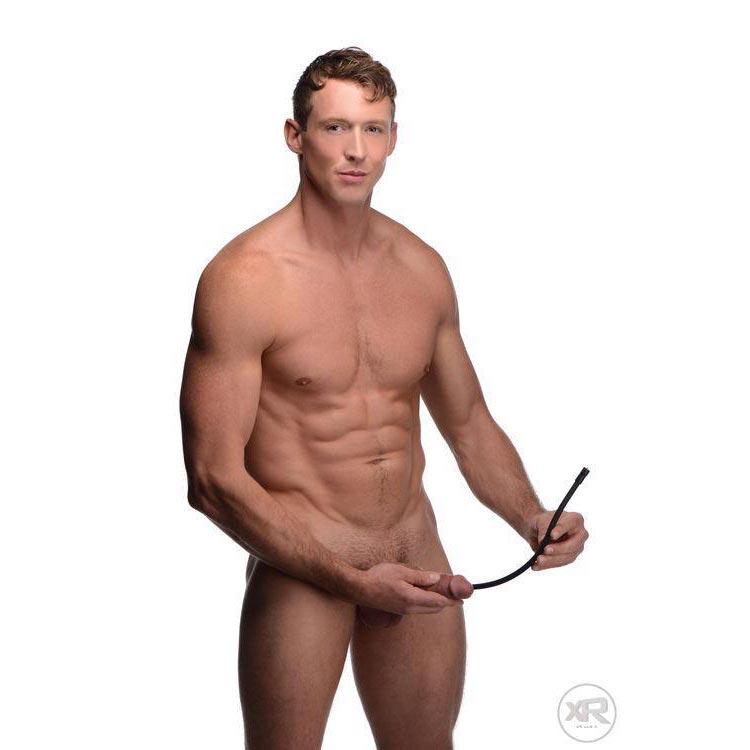 A muscular man holds the black, flexible Zeus Electrosex Amplifier eStim device near his torso against a white background.