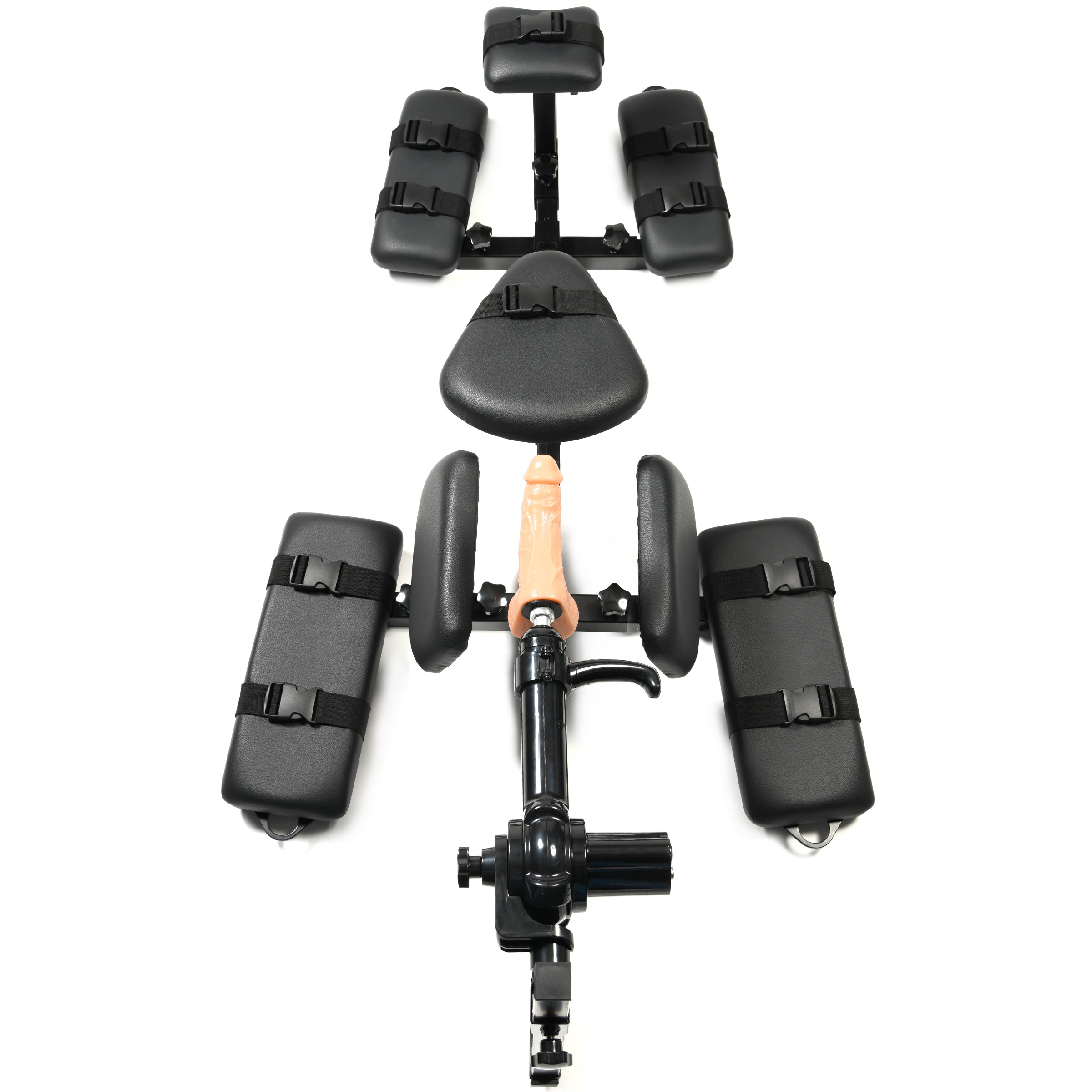 Master Series Subversion Deluxe Stockade with integrated sex machine, featuring black padded restraints on a metal frame.