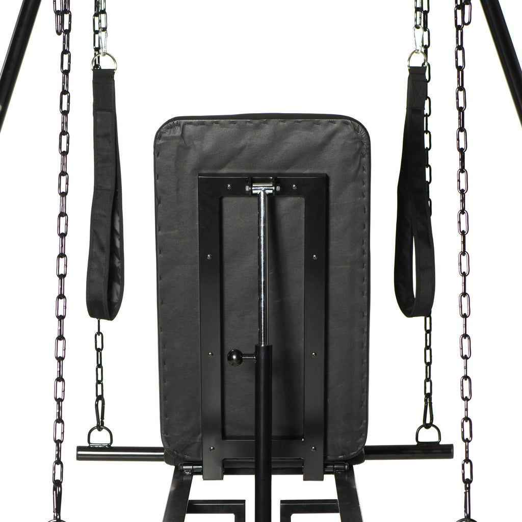 Master Series Throne sex swing with adjustable black padded seat, support frame, and hanging chains on a white background.