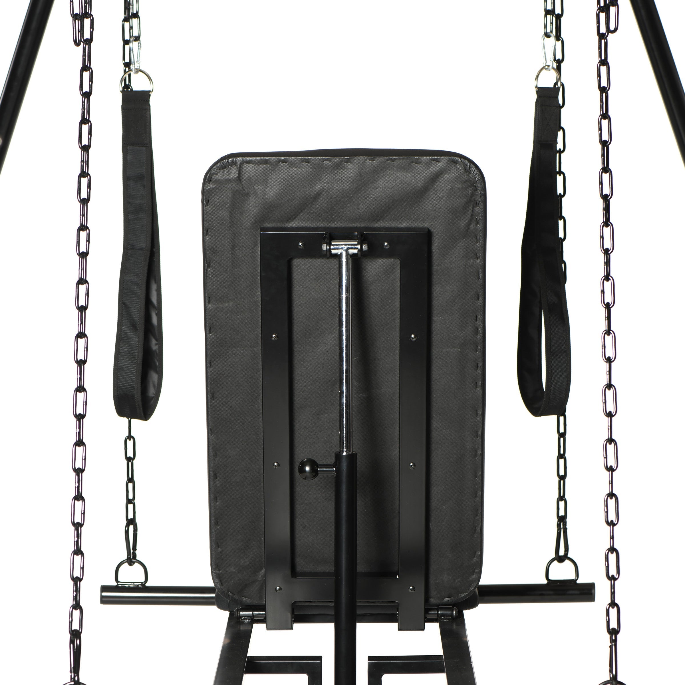 Master Series Throne sex swing with adjustable black padded seat, support frame, and hanging chains on a white background.