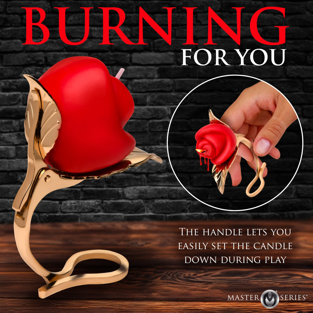 Master Series Burning Passion Rose Candle in a sleek gold-tone metal stand. Includes an inset of the candle in use.
