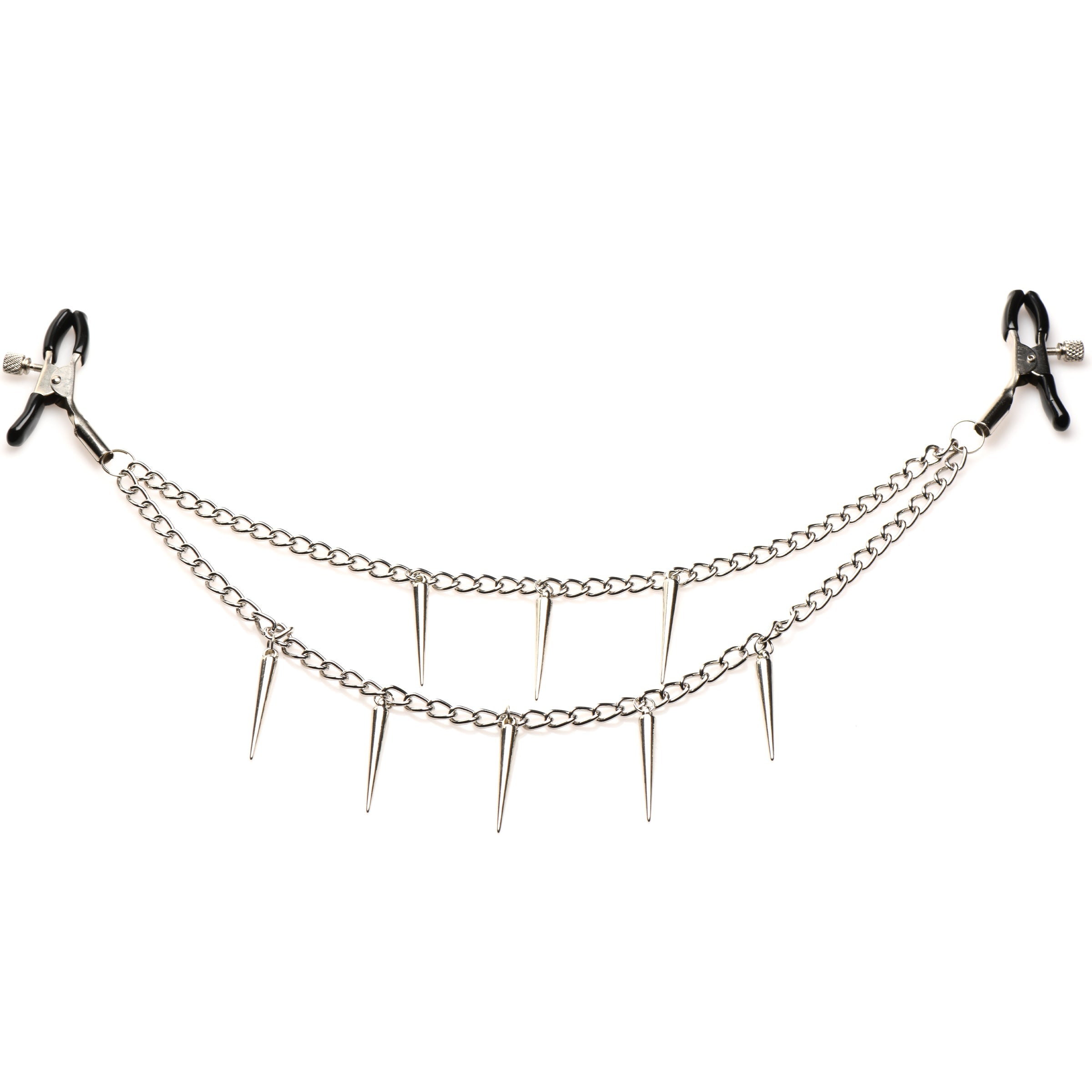 Master Series Daggers nipple clamps with silver chains and hanging spike charms, connected by black-tipped metal clips.