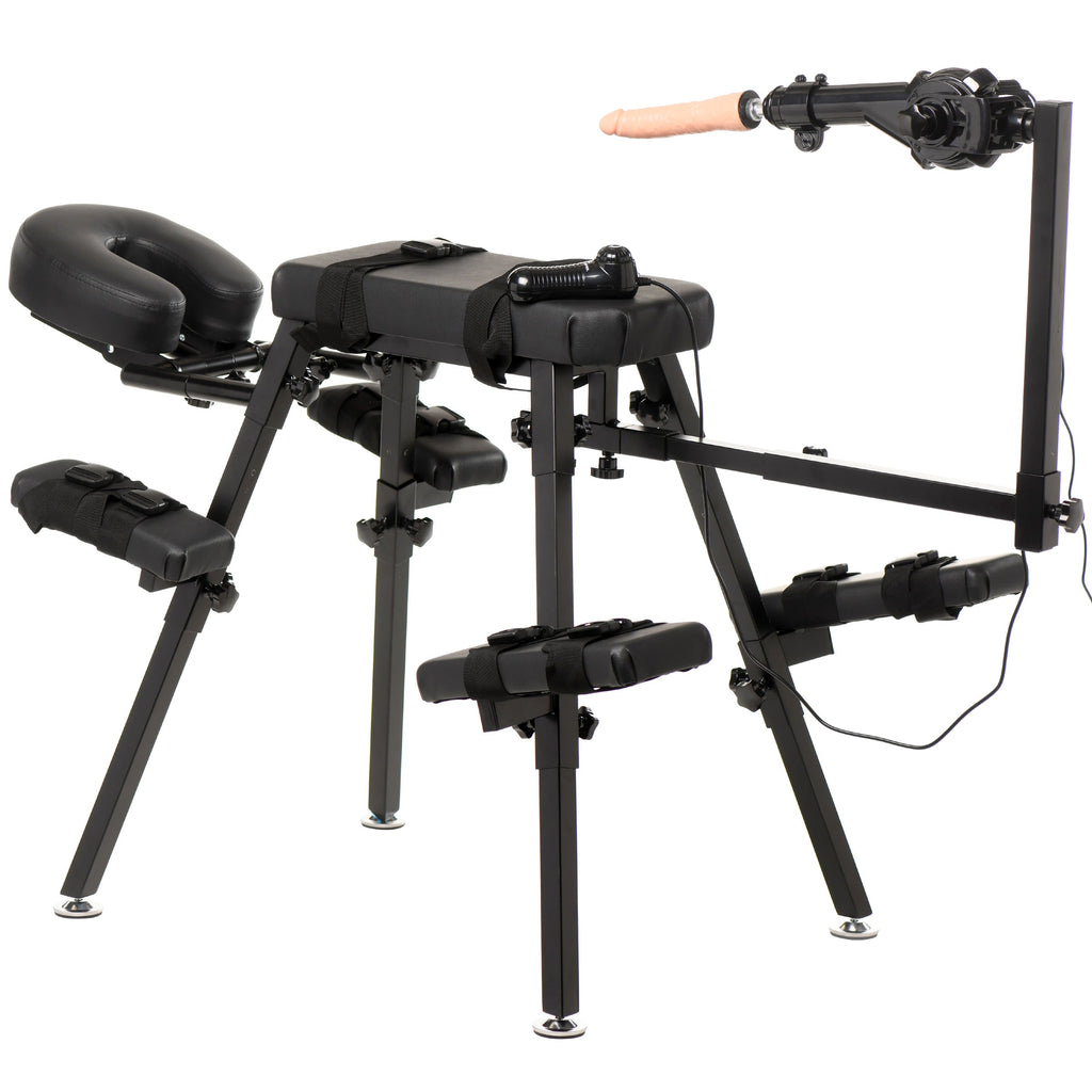 Master Series black metal obedience chair with black padded cushions, adjustable straps, and a mounted sex machine.