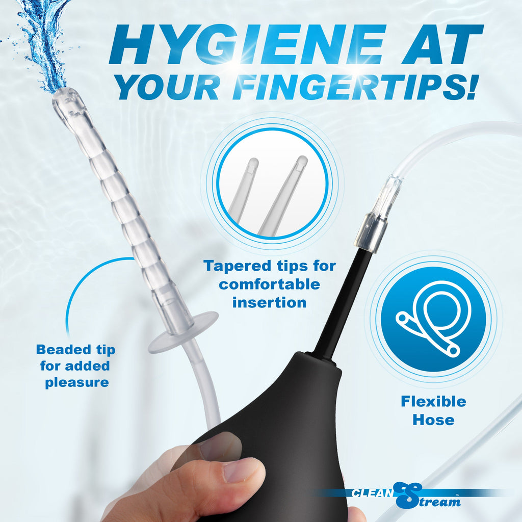 CleanStream Enema Bulb Kit with black bulb, flexible hose, and clear beaded or tapered tips on a water-themed background.