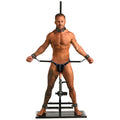 Master Series Ultimate Enforcer tower: shirtless man in restraints secured to a black metal frame with sex machine.