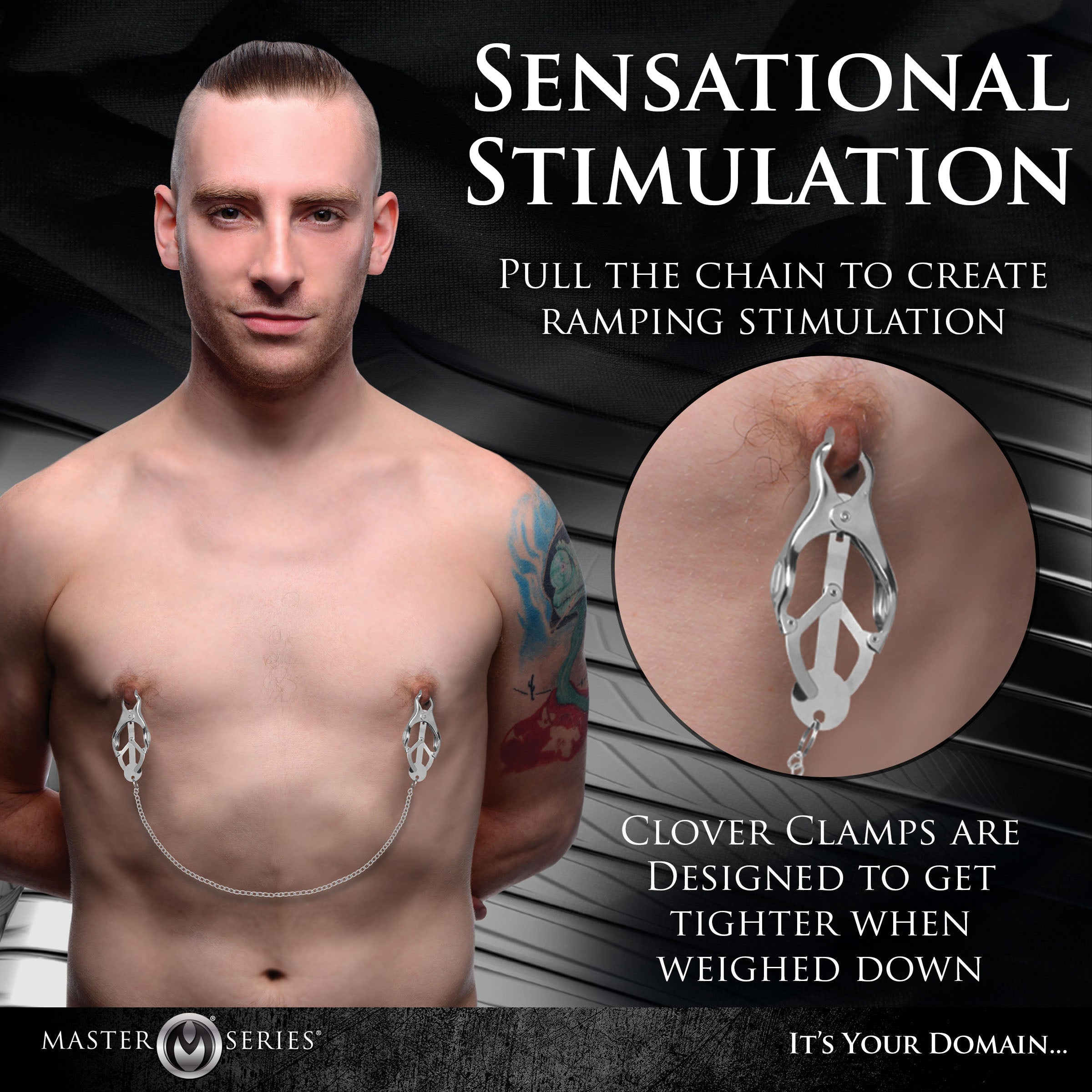 Master Series Tyrant silver clover nipple clamps connected by a chain on a man, with a close-up detail shot.