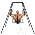 Master Series Throne Deluxe: A black, adjustable metal frame with suspension slings and a powered sex machine attachment.