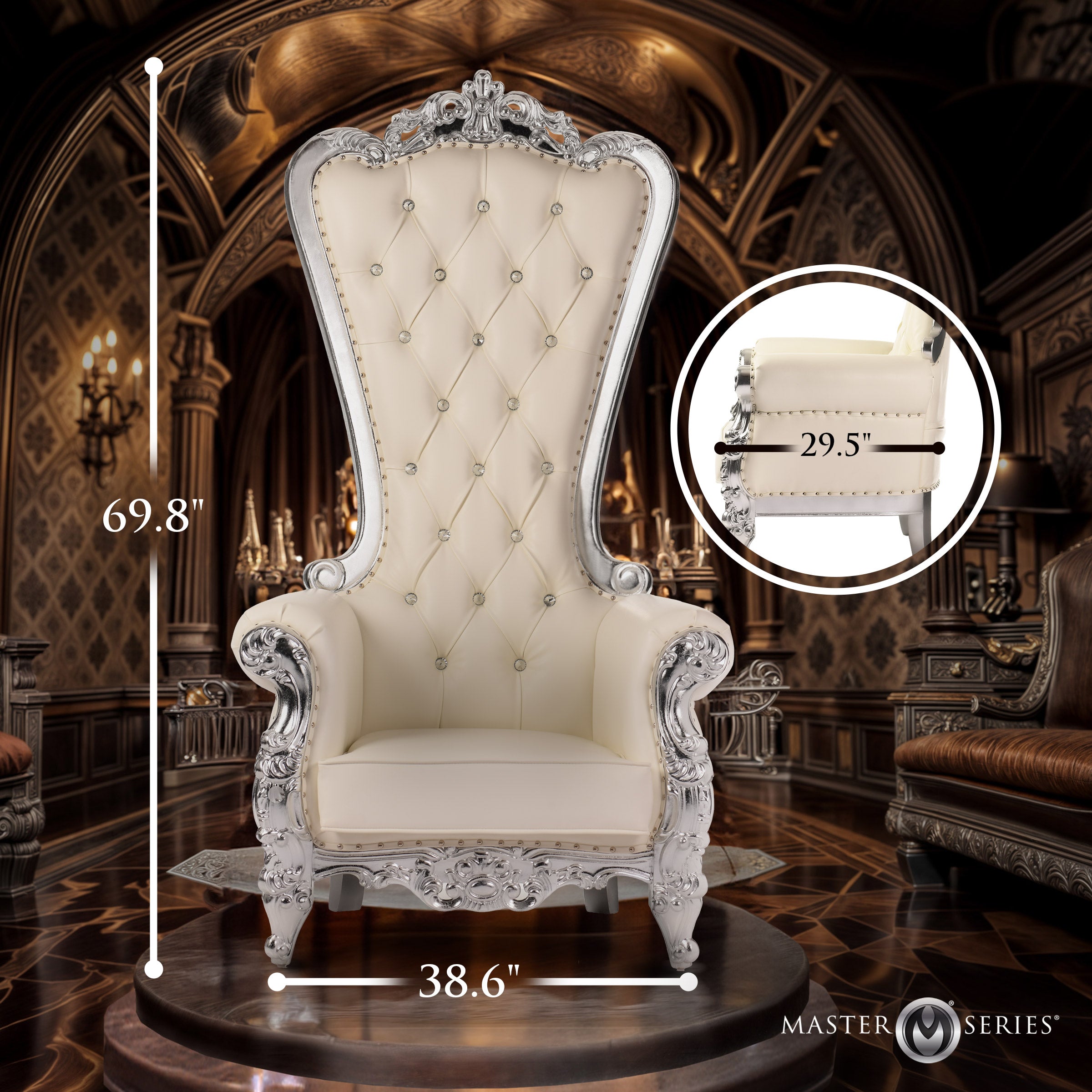 Master Series Master's Throne: A regal, high-back cream throne with ornate silver wood framing and button tufting.