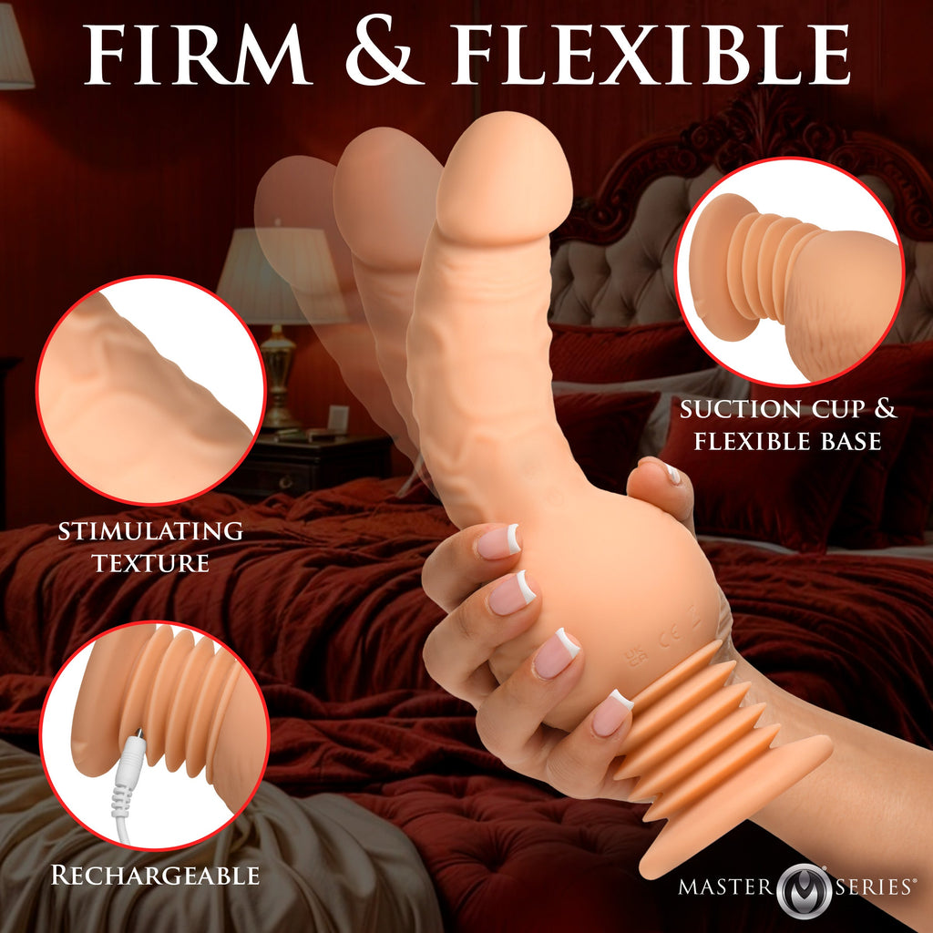 Master Series Passion Pounder, a realistic peach-colored thrusting toy with a flexible base and textured finish.