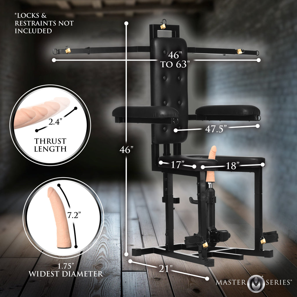 Master Series Enforcer chair in black with built-in sex machine, featuring measurement labels and restraint attachments.