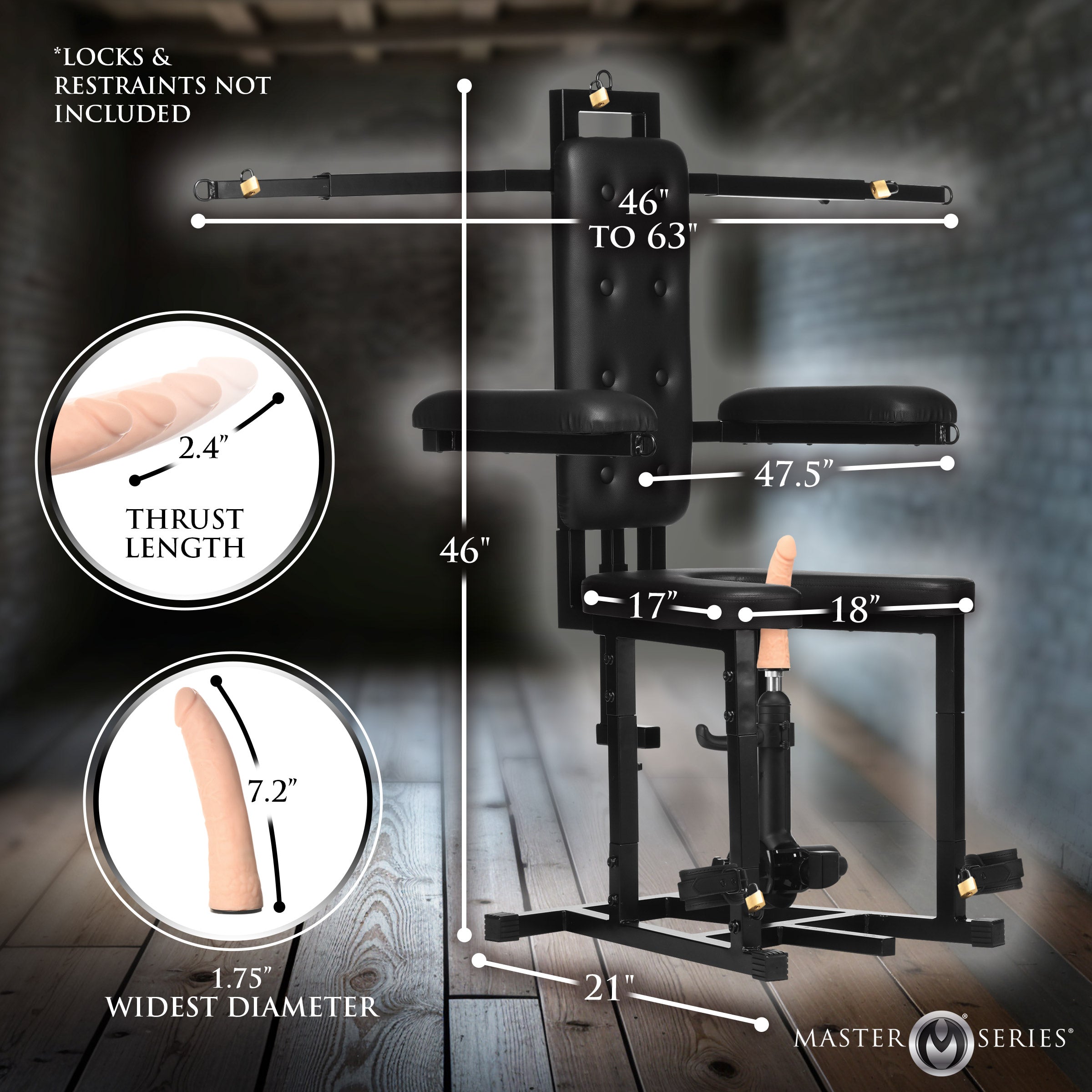 Master Series Enforcer chair in black with built-in sex machine, featuring measurement labels and restraint attachments.