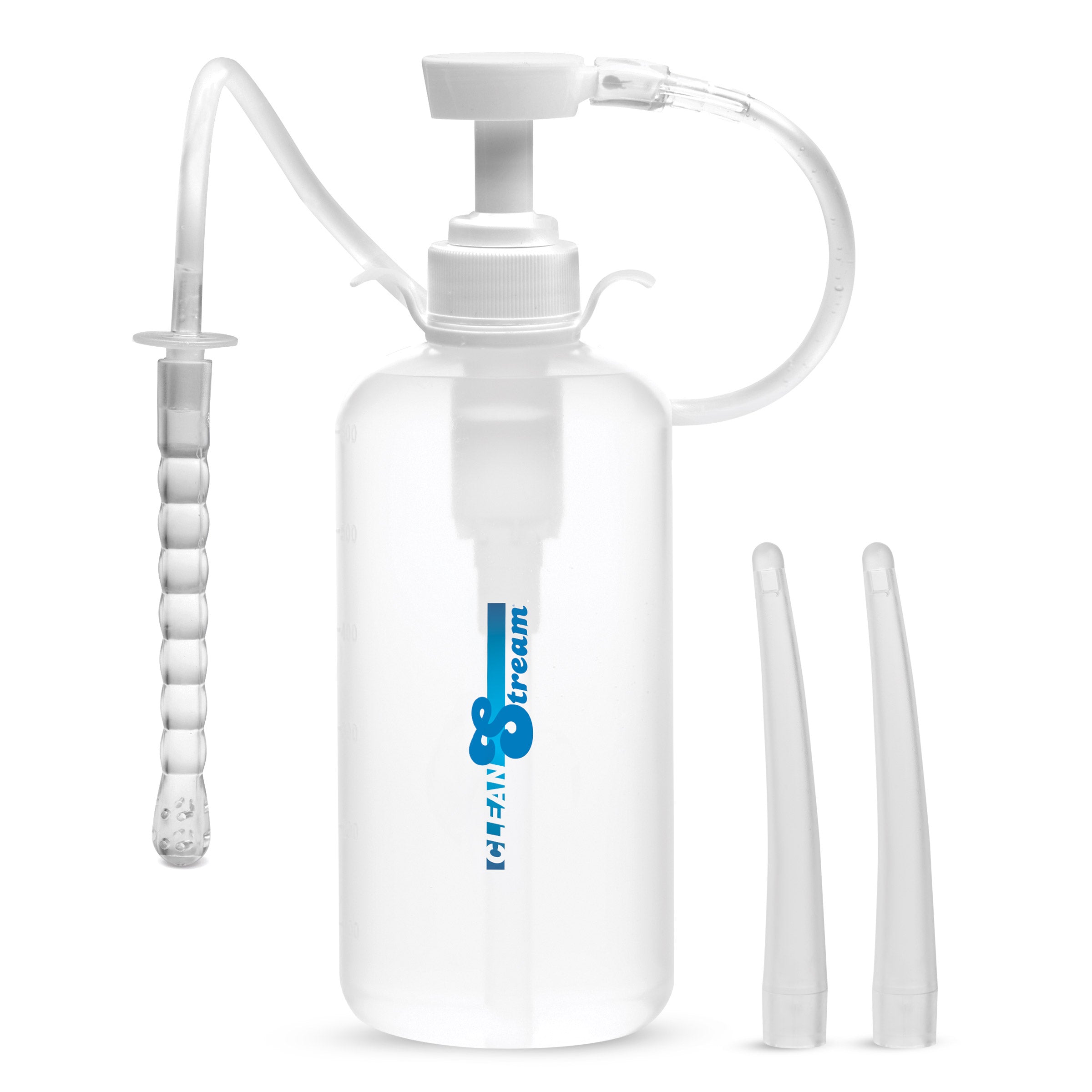 CleanStream XL Enema Bottle in translucent white with pump, tubing, one ribbed nozzle, and two tapered nozzles.
