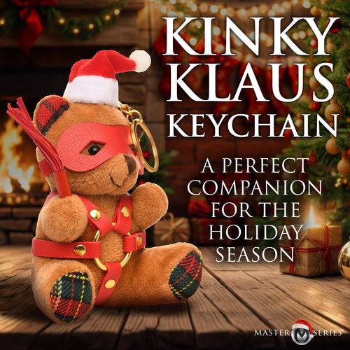 Master Series Holiday Bondage Bear keychain: brown plush bear wearing a red Santa hat, mask, and leather harness.