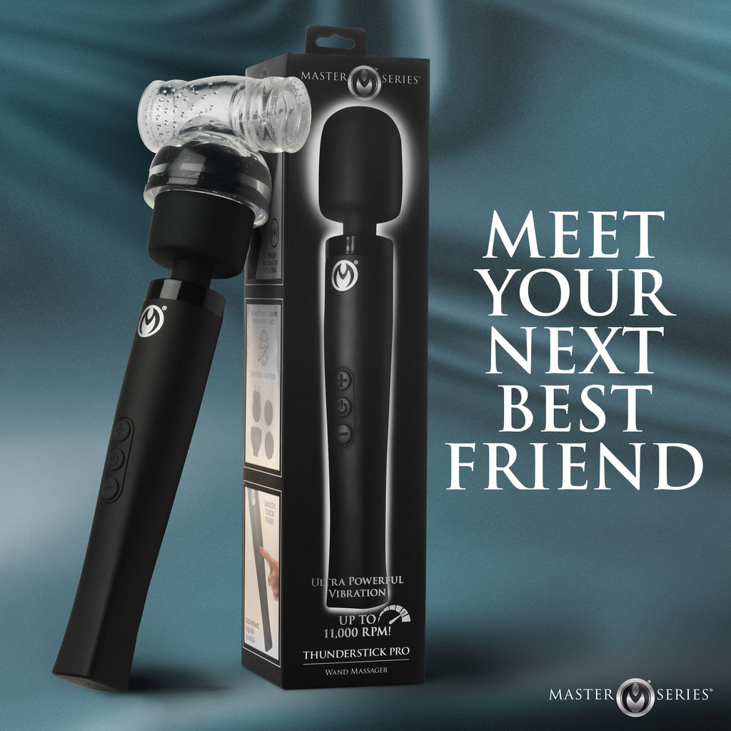 Master Series Thunderstick Pro: A black wand massager with a clear textured attachment, shown next to its product box.