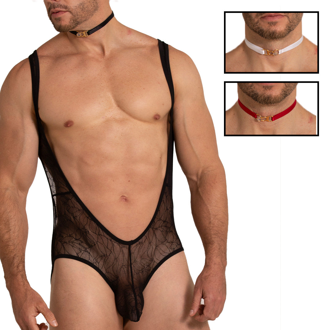 AMAZONIA BODY - Sexy black lace bodysuit for men
