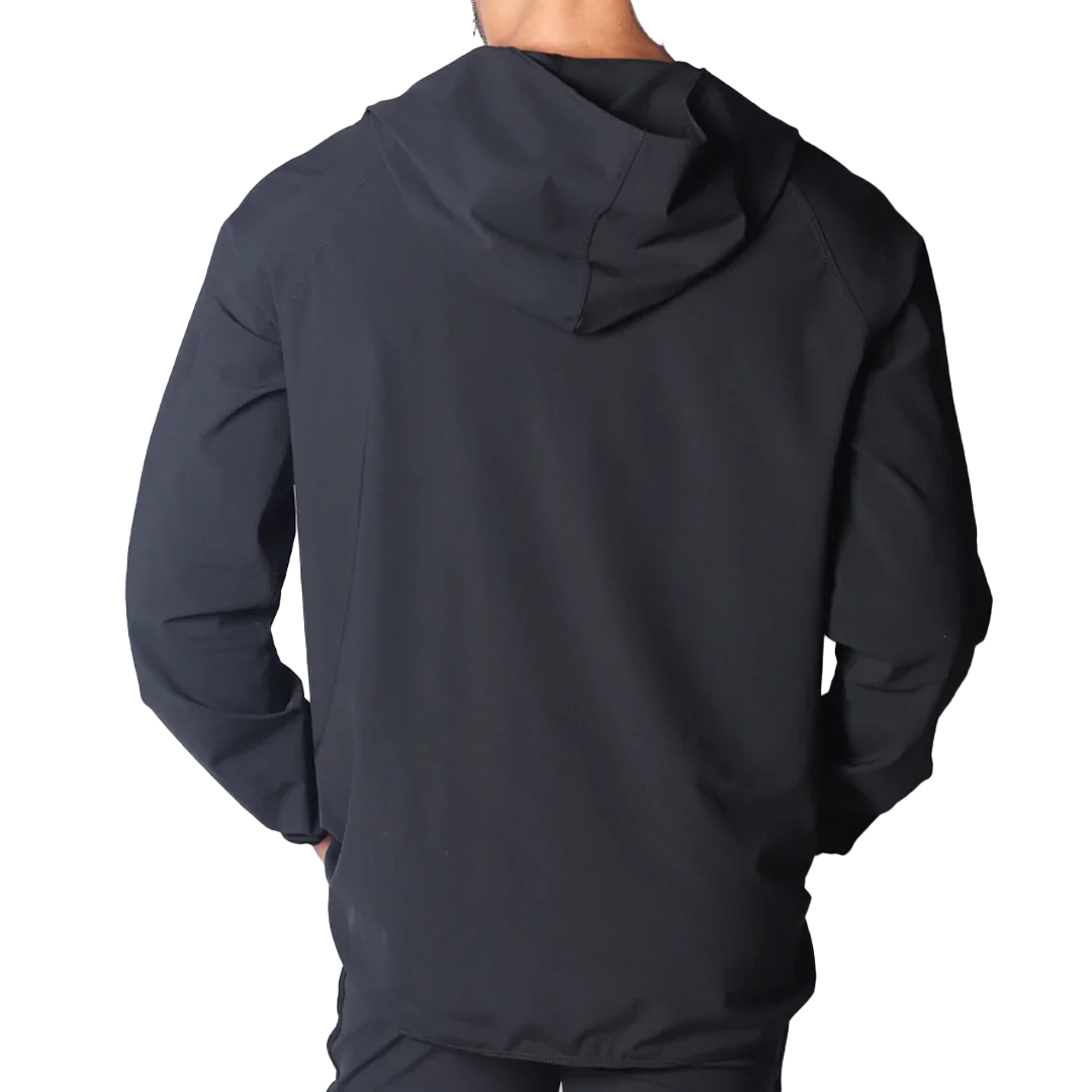 Back view of a black lightweight athletic hoodie with a smooth, matte finish and raglan sleeves.