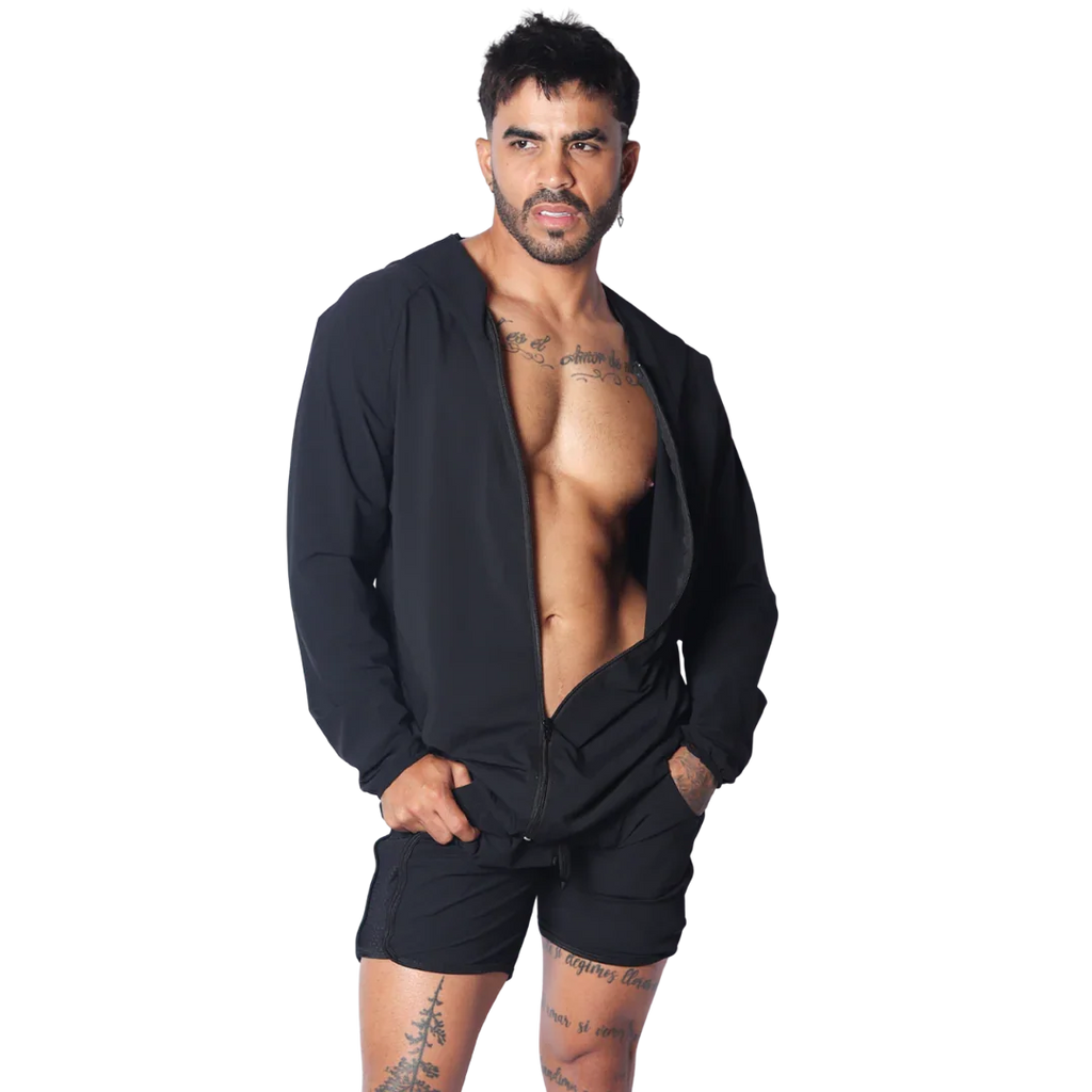 Black lightweight zip-up hooded jacket with long sleeves, worn unzipped over a bare chest.