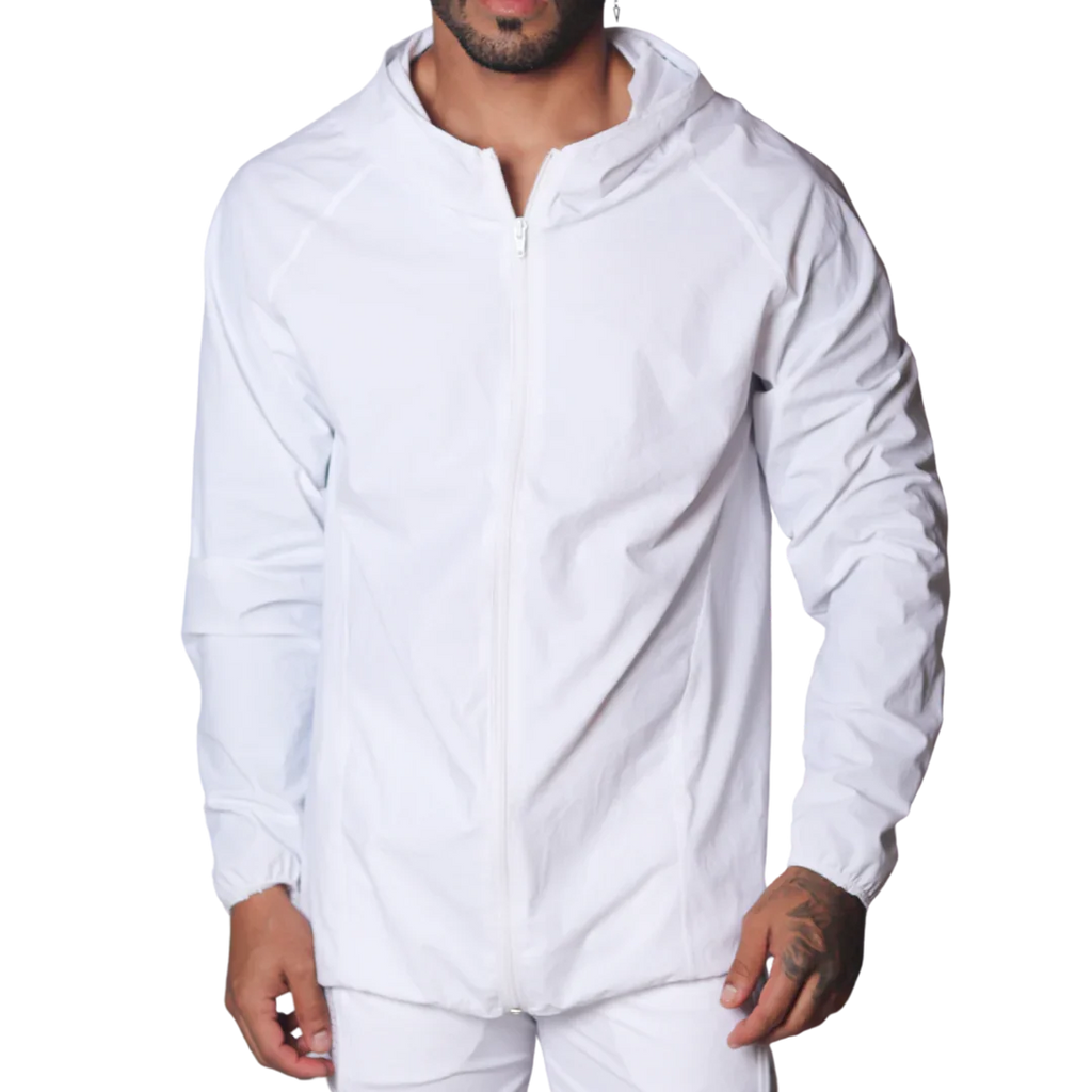 White lightweight zip-up jacket in a technical nylon fabric featuring a hood and long raglan sleeves.