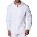 White lightweight zip-up jacket in a technical nylon fabric featuring a hood and long raglan sleeves.