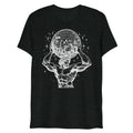 Black heathered t shirt featuring a white line art muscular figure holding a disco ball from atlas boogie collection