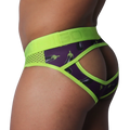 Purple aubergine-print jockstrap with neon green mesh panels, trim, and embossed branded elastic waistband.