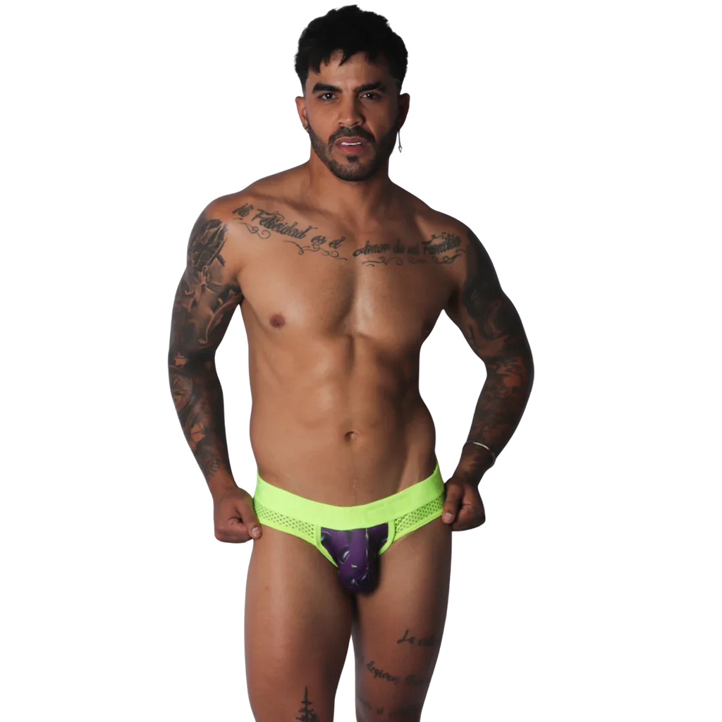 Neon yellow jockstrap with mesh sides and a dark purple, aubergine-patterned front pouch.