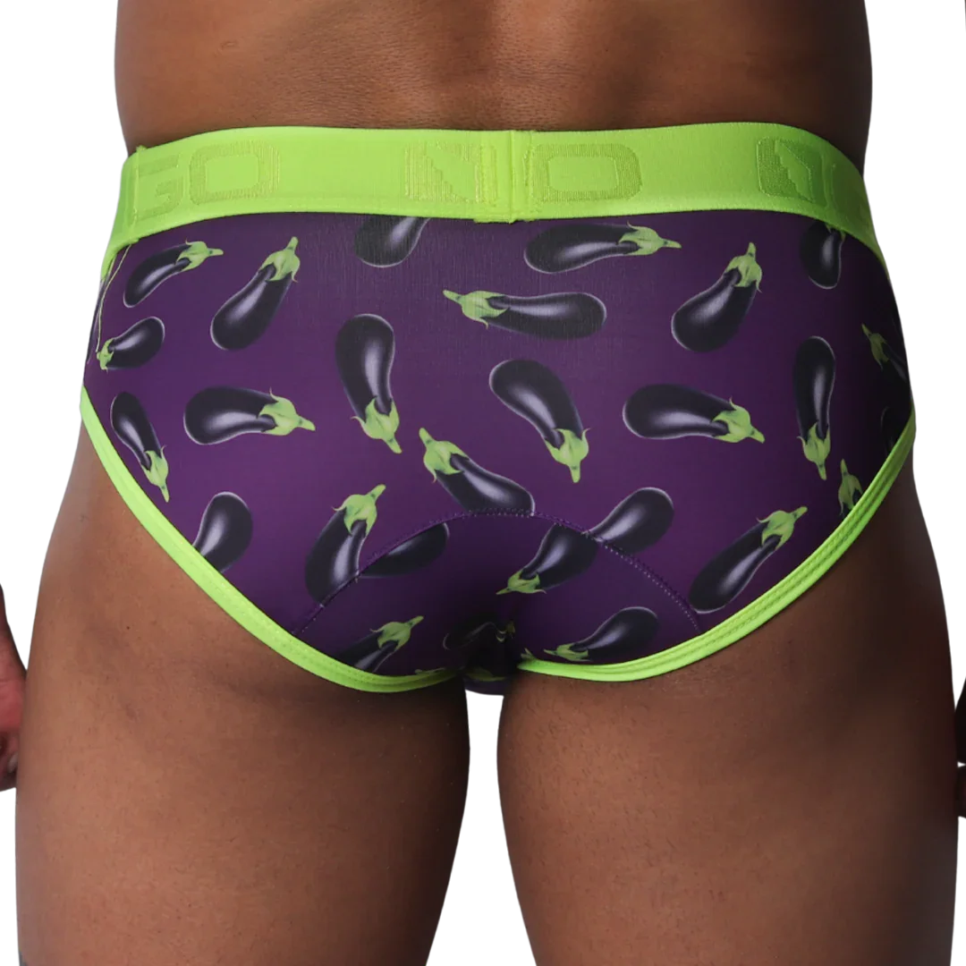 Purple briefs with an all-over eggplant print, featuring a bright lime green elastic waistband and trim.