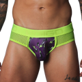 Neon green mesh briefs featuring a purple pouch with an all-over eggplant print and an embossed logo waistband.