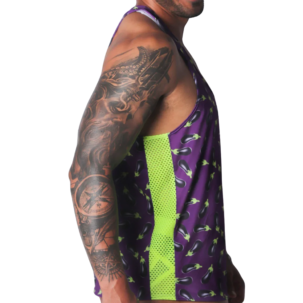 Aubergine-print tank top in purple with lime green mesh side panels and a racerback style.
