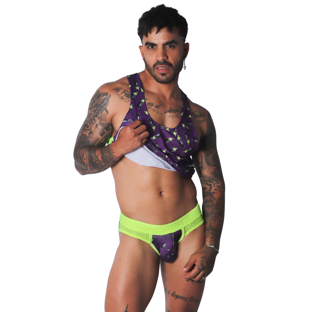 Aubergine print tank top in purple with lime green accents, featuring a sleeveless athletic fit.