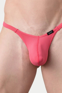 AWRY Menswear Pulse V-String in coral pink with thin side straps and a black brand label on the waistband.