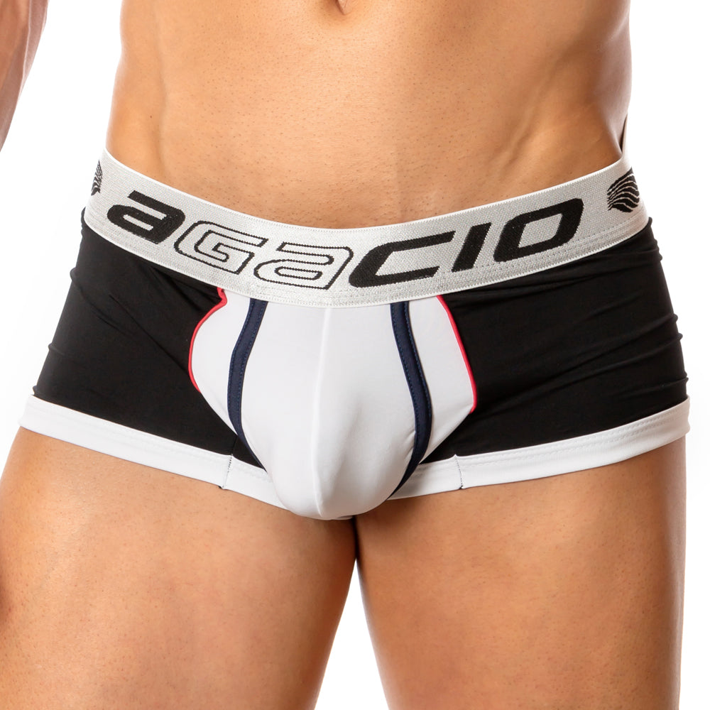 Agacio AGG041 spatial trunk men’s briefs in black white and navy blue with bold striped design
