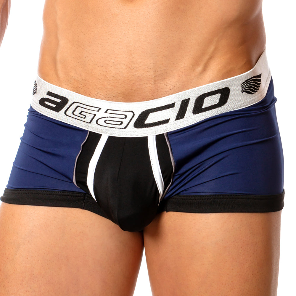 Navy blue and black Agacio AGG041 Spatial trunk men’s briefs with white trim and logo band front view