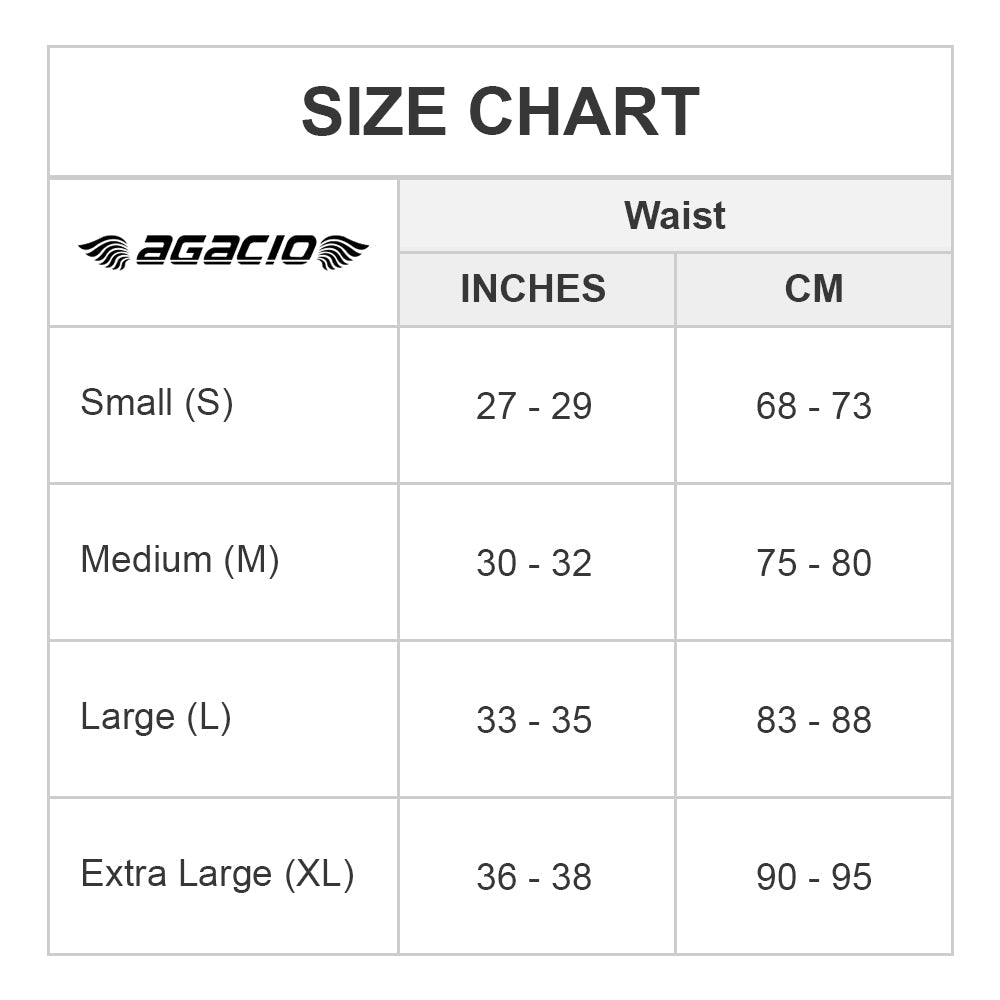 Agacio AGG041 Spatial Trunk size chart showing waist measurements in inches and centimeters for all sizes