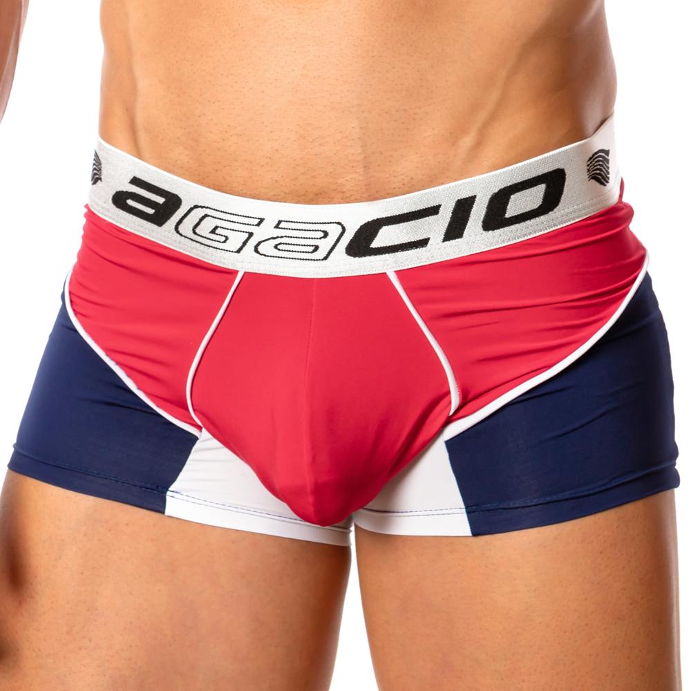 Agacio AGG042 boxer trunk men’s briefs with a bold red navy blue and white color-block design